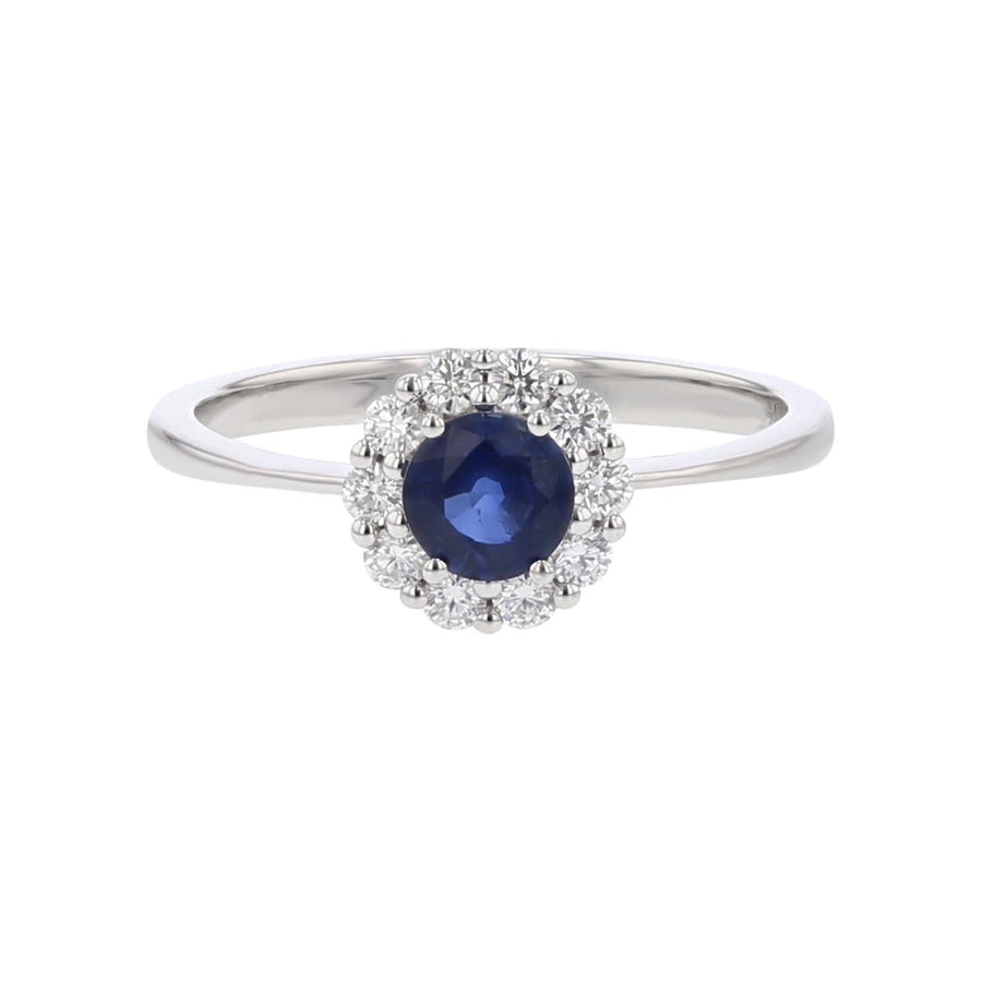 Sapphire and Diamond Halo Ring in 14K White Gold, Size 6.5