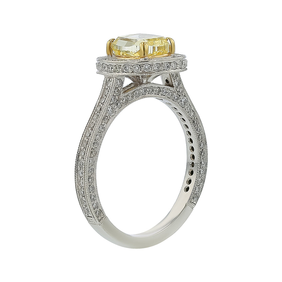 1.60ct Yellow Diamond and 0.66ct Diamond Halo Ring in Platinum and 18K Yellow Gold, size 6.5