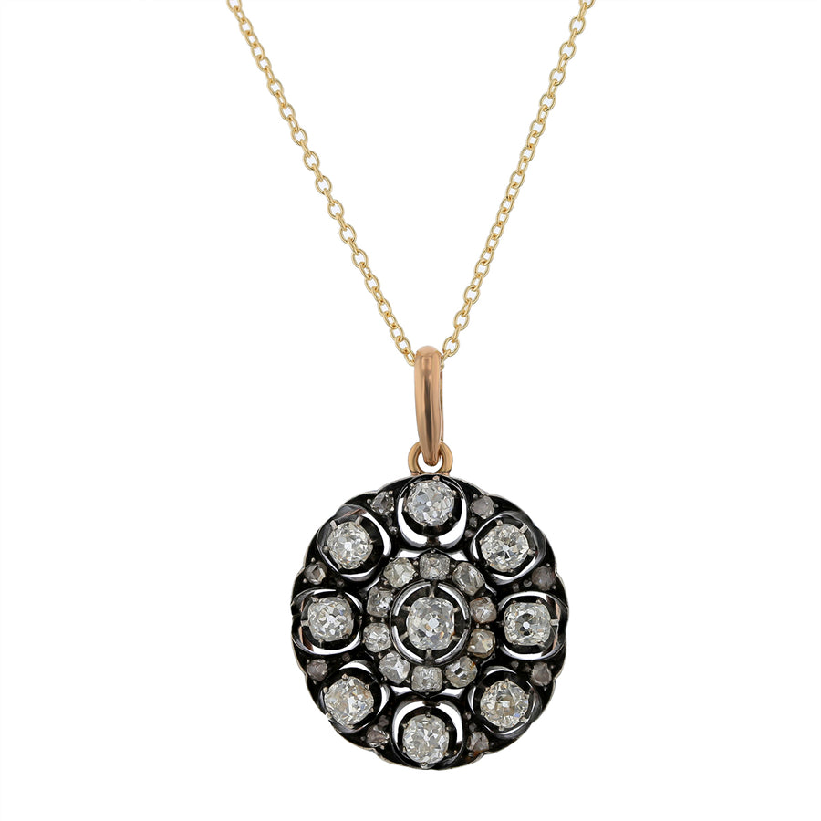 3.75ct Diamond Victorian Pendant in 14K Yellow Gold and Sterling Silver on 16" Chain Circa 1870s