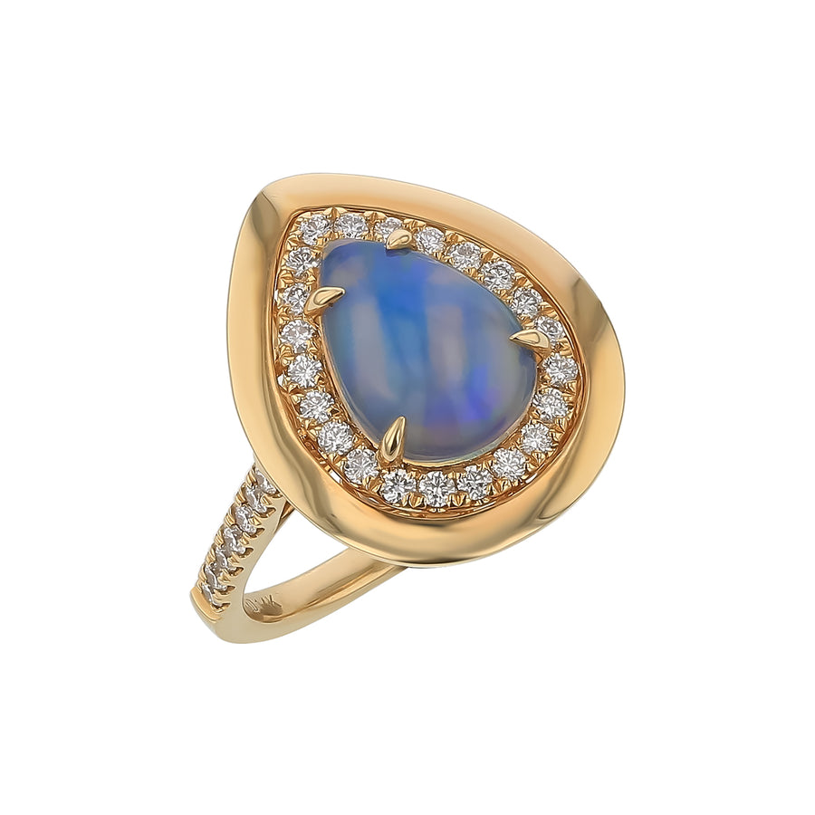 1.21ct Pear Shaped Opal and 0.43ct Diamond Halo Ring in 14K Yellow Gold, Size 7