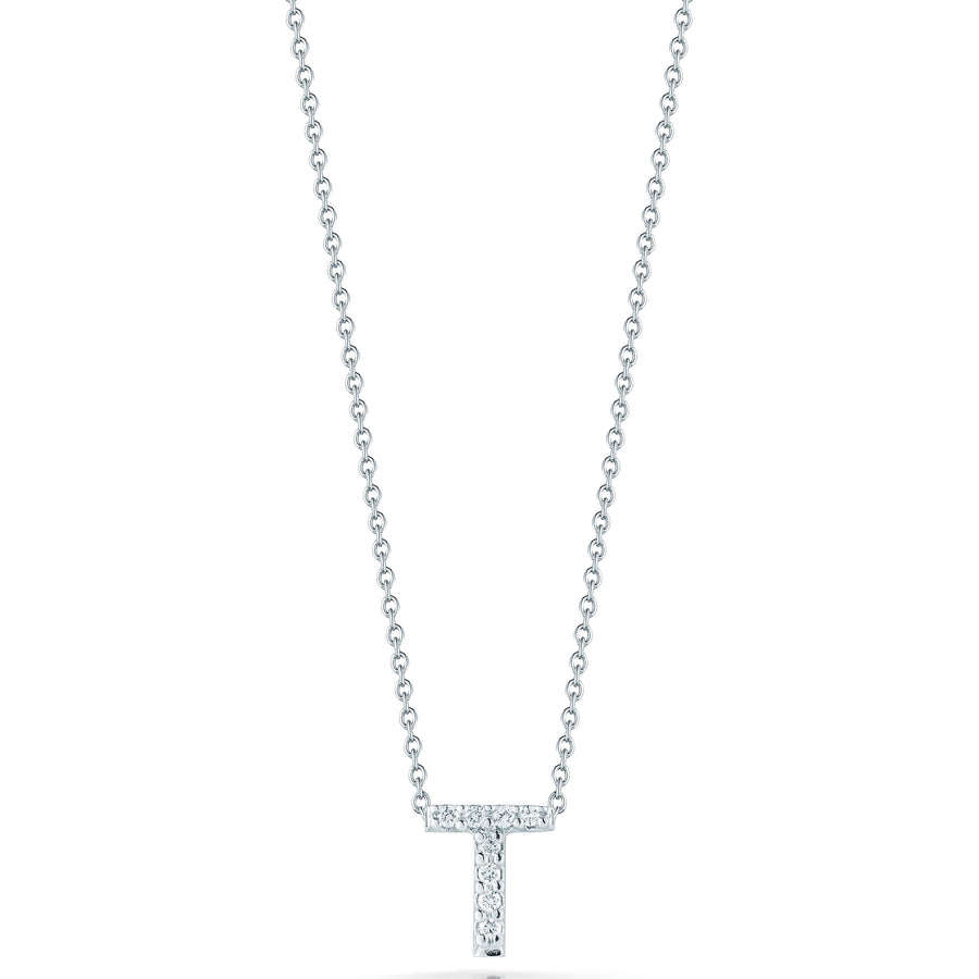 Tiny Treasures 0.04ct Diamond Love Letter "T" Necklace in 18K White Gold, 16-18" chain