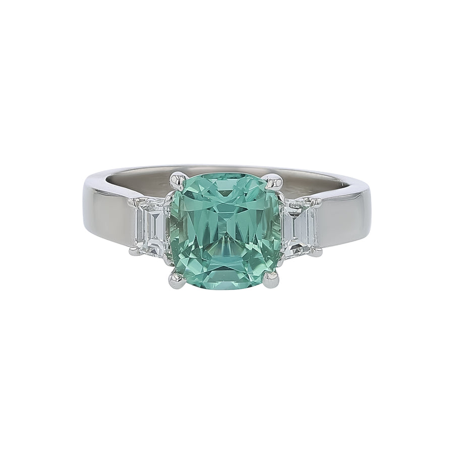 2.51ct Cushion East African Tourmaline Heated and 0.46ct Diamond 3 Stone Ring in Platinum, size 6.75