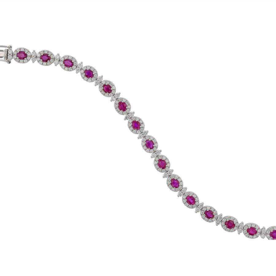 6.12ct Oval Rubies and 4.00ct Diamond Halo Bracelet in 18K White Gold, 7.25in