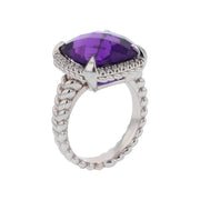 9.60ct Cushion Checkerboard Amethyst 0.28ct Full Cut Diamonds Ring in 14k White Gold, Size 7.5