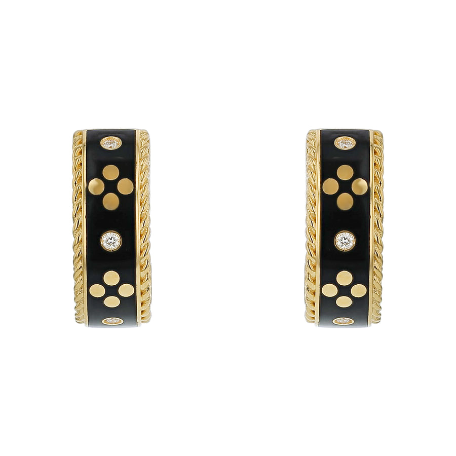 Venetian Princess 0.04ct Diamond Huggie Hoop Earrings in 18K Yellow Gold and Black Enamel
