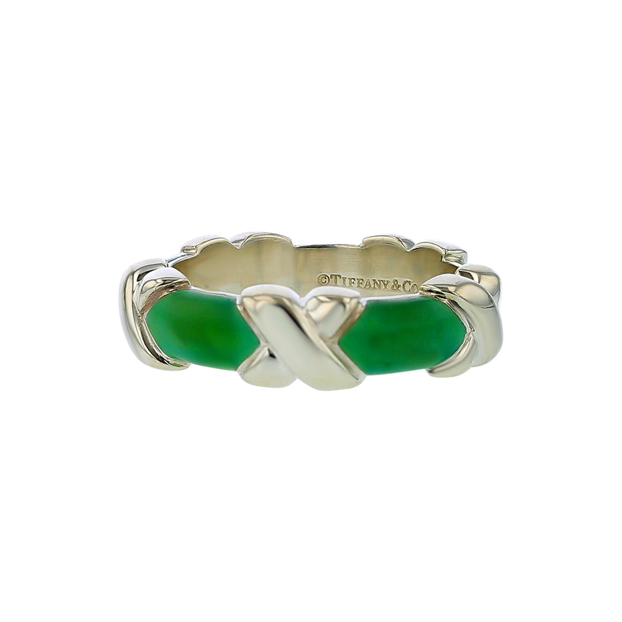 Tiffany & Co Band in Sterling Silver and Blueish Green Enamel, size 7.5
