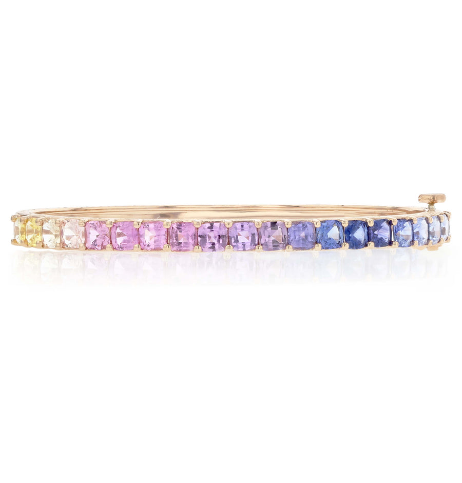 8.40ct Cushion Yellow, Pink, Violet and Blue Sapphire Hinged Bangle Bracelet in 18K Rose Gold