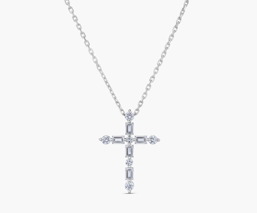 Princess 0.55ct Baguette and Round Diamond Cross Pendant 18K White Gold, 16-18" chain