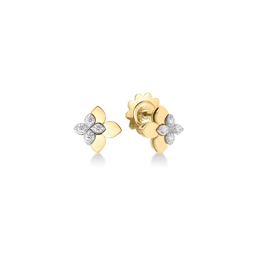 Tiny Princess 0.19ct Diamond Flower Earrings in 18K White and Yellow Gold