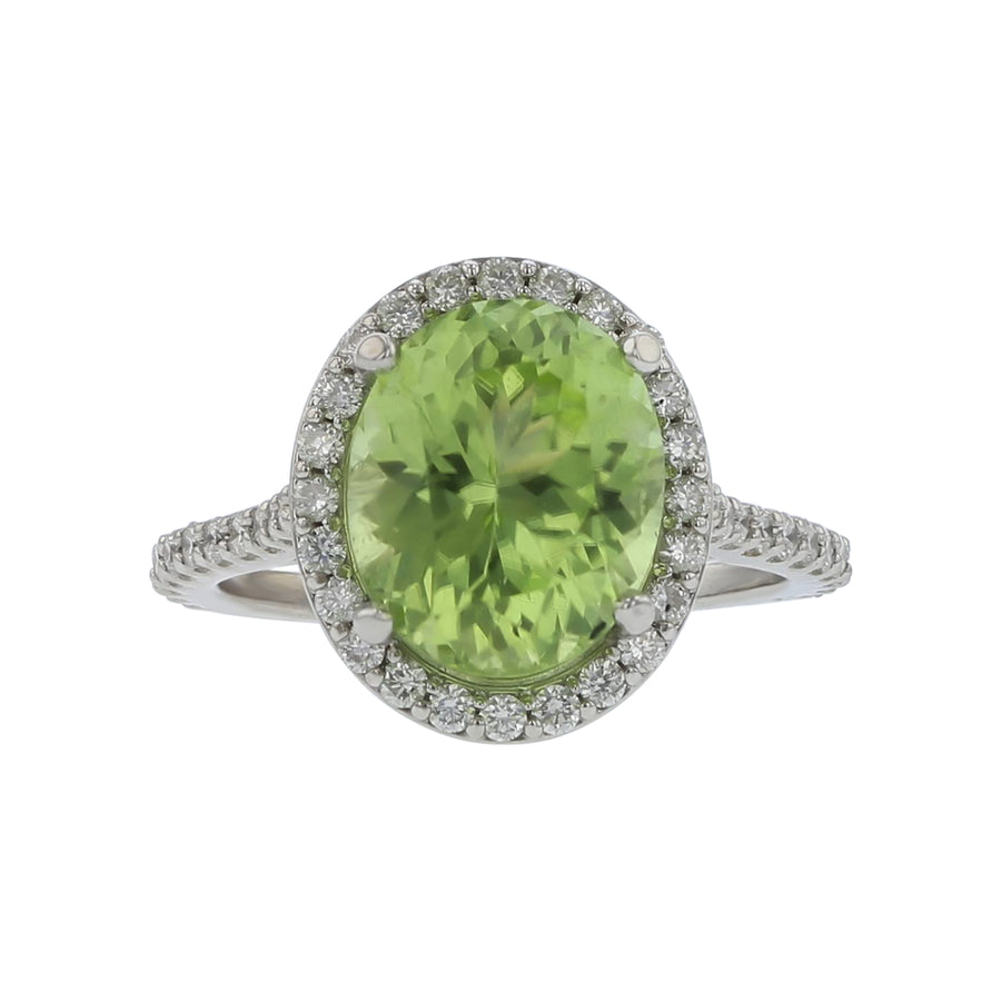 4.65ct Mint Pakistani Peridot and Diamond Halo Ring, in 14k White Gold