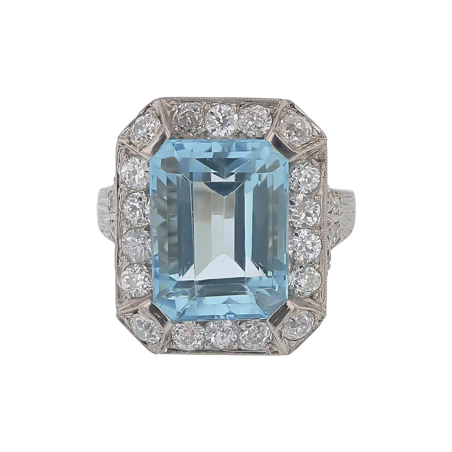 10.00ct Aquamarine and 1.92ct European Cut Diamond Halo Ring in Platinum Circa 1940s Size 8.5