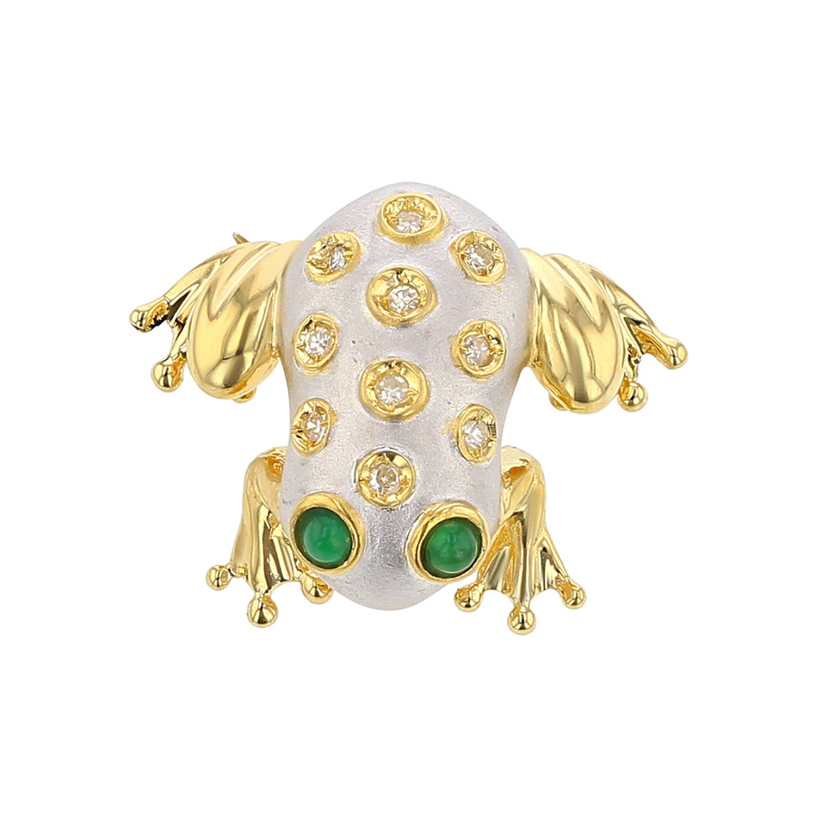 18KYW 2 EMERALDS AND 10 SINGLE CUT DIAMONDS=0.06CT HI/SI1-I1 FROG PIN/PENDANT WITHOUT CHAIN