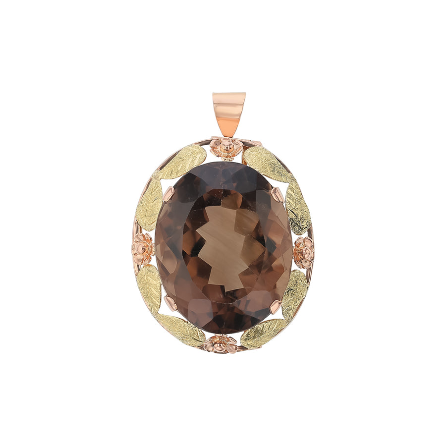 50.56ct Oval Smokey Quartz Leaf Motif Pin or Pendant in 14K Rose and Green Gold, without chain