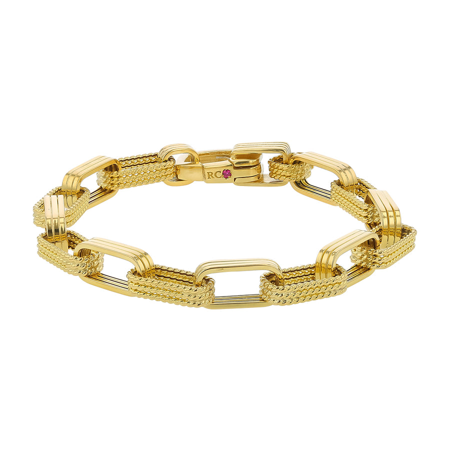 Designer Gold Alternating Polished and Fluted Link Bracelet in 18K Yellow Gold, 7"