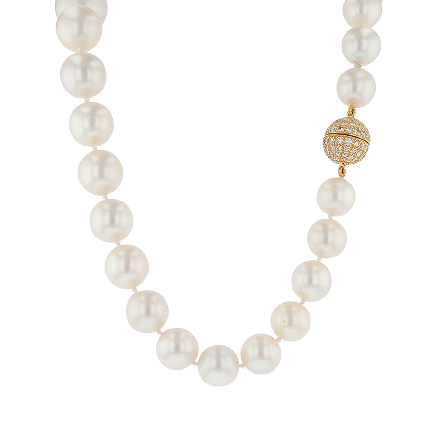 13.1x18.4mm White South Sea Pearls and 4.36ct 188 Round Diamonds 18" Strand Necklace in 18K Yellow Gold