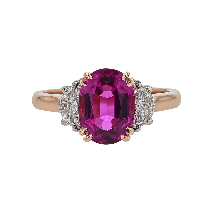 2.51ct Oval Mozambique Rubellite 0.50ct Diamond 3 Stone Ring in 18K Rose Gold, Size 6.5