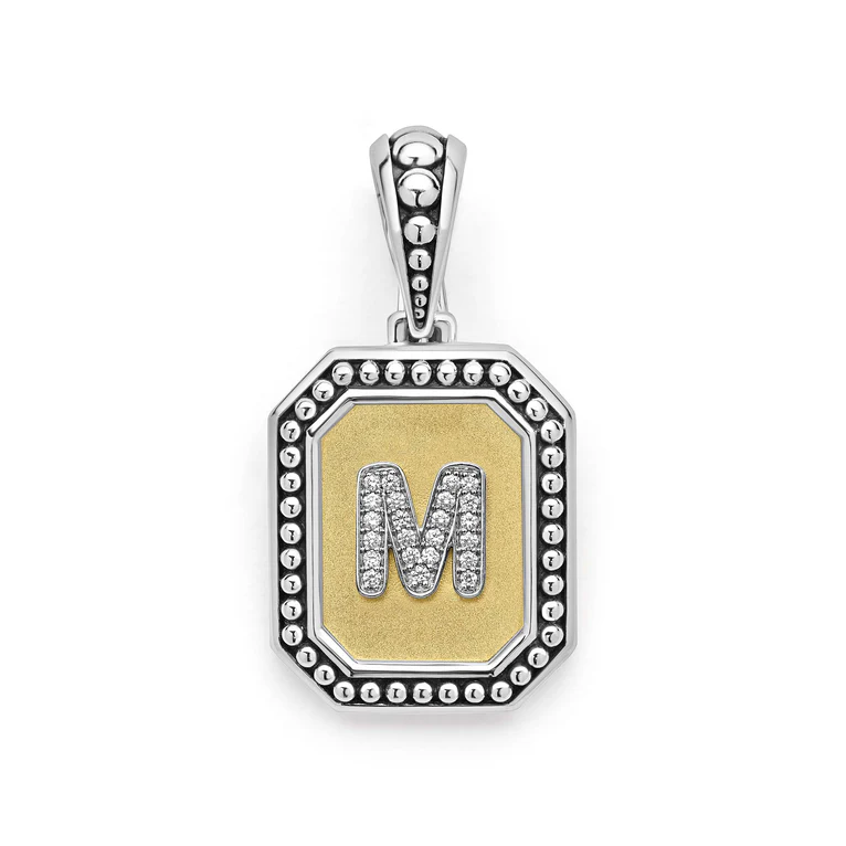 Signature Caviar 0.07ct Diamond Octagon Initial "M" Pendant in 18K Yellow Gold and Sterling Silver, without chain