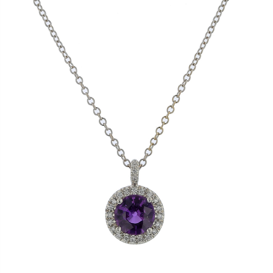Purple Sapphire and Diamond Halo Necklace in Platinum and 18K White Gold, 16in