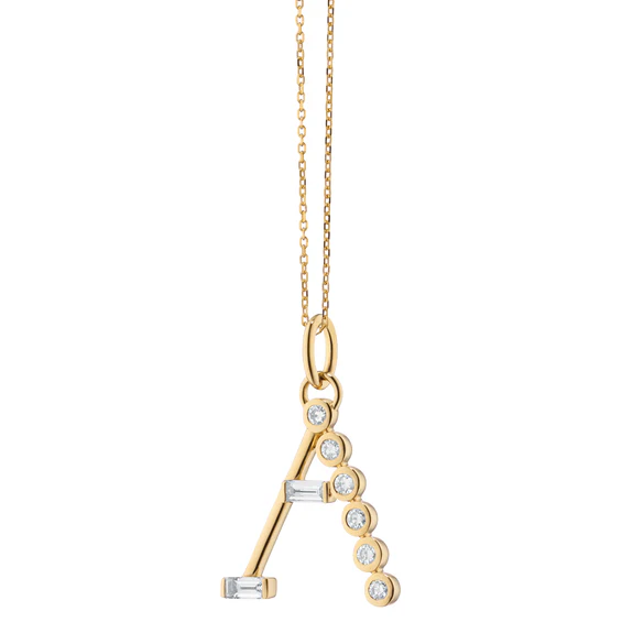 0.39ct Diamond "A" Initial Charm in 18K Yellow Gold, 16-17" chain