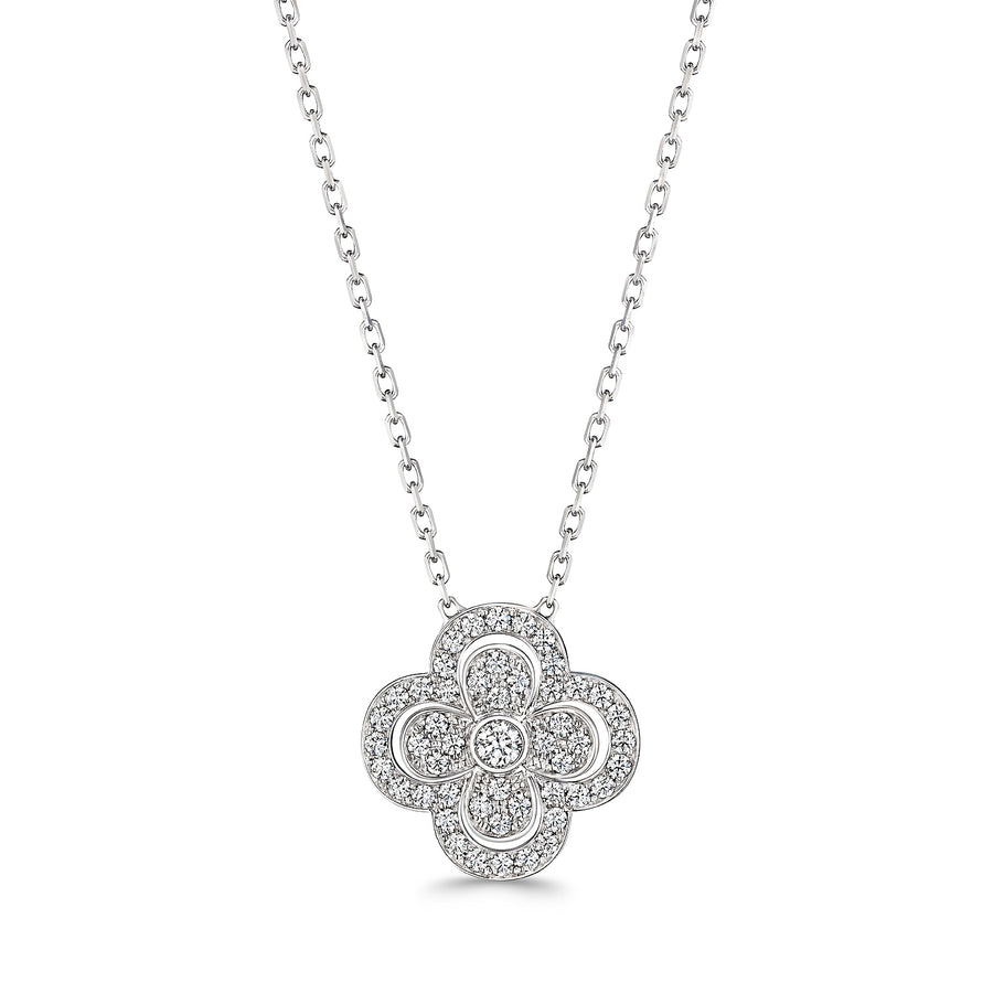 Diamond Flower Pendant in 18K White Gold, 18in
