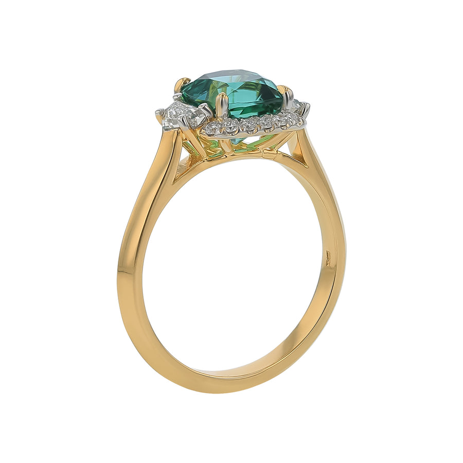 2.00ct Cushion Nambian Tourmaline and 0.51ct Diamond Halo Ring in 18K Yellow Gold, Size 6.75