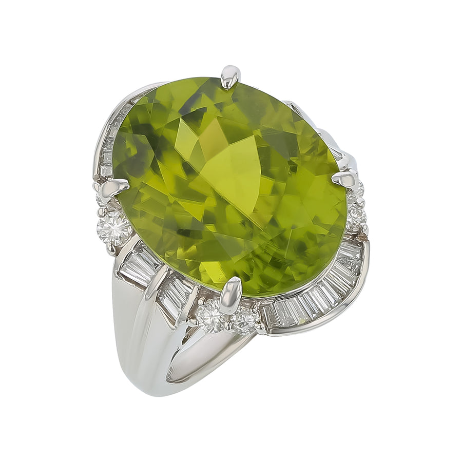 19.37ct Oval Peridot and 1.05ct Diamond Halo Ring in Platinum, Size 9