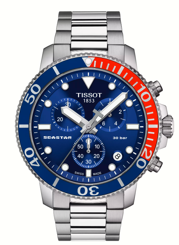 45mm Seastar 1000 Quartz Chronograph Watch with Blue Dial in Stainless Steel, Bracelet