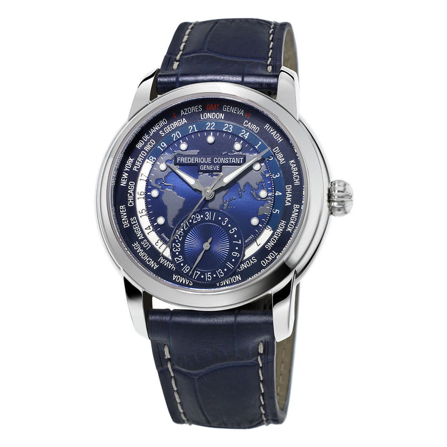 42mm Manufacture Worldtimer Classic Navy Dial Watch in Stainless Steel with Navy Leather Strap