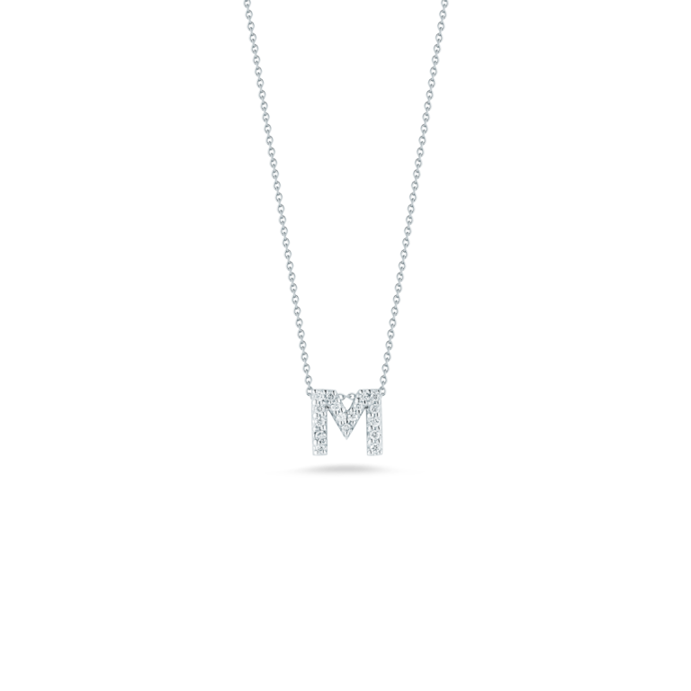 Tiny Treasures 0.08ct Diamond Love Letter "M" Pendant in 18K White Gold, 16-18in