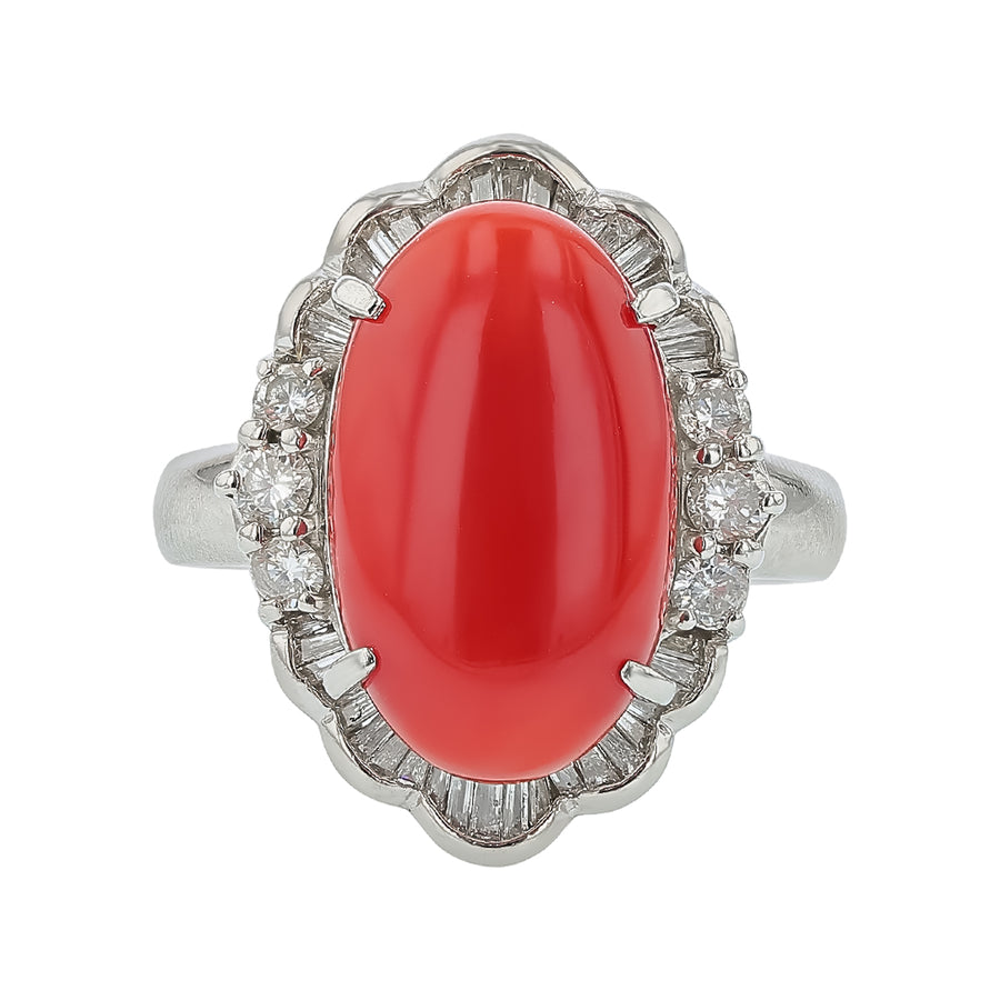 7.43ct Oval Coral and 0.72ct Diamond Halo Ring in Platinum, Size 9