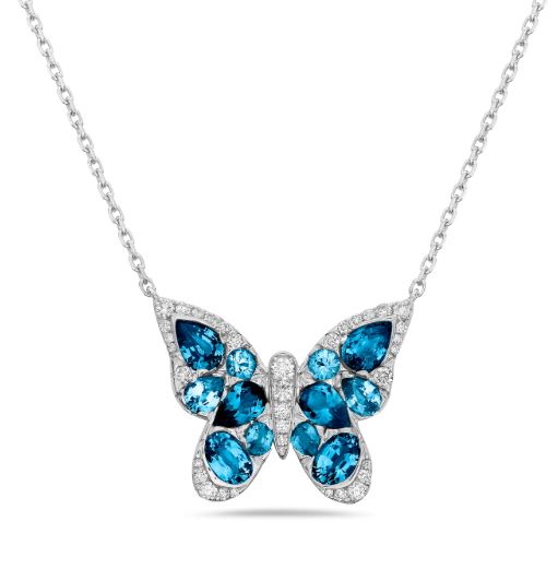 3.57ct Blue Topaz and 0.47ct Diamond Butterfly Necklace in 18K White Gold, 18"