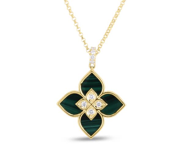 Venetian Princess Flower 0.09ct Diamond and Malachite Pendant in 18K Yellow Gold, 17in