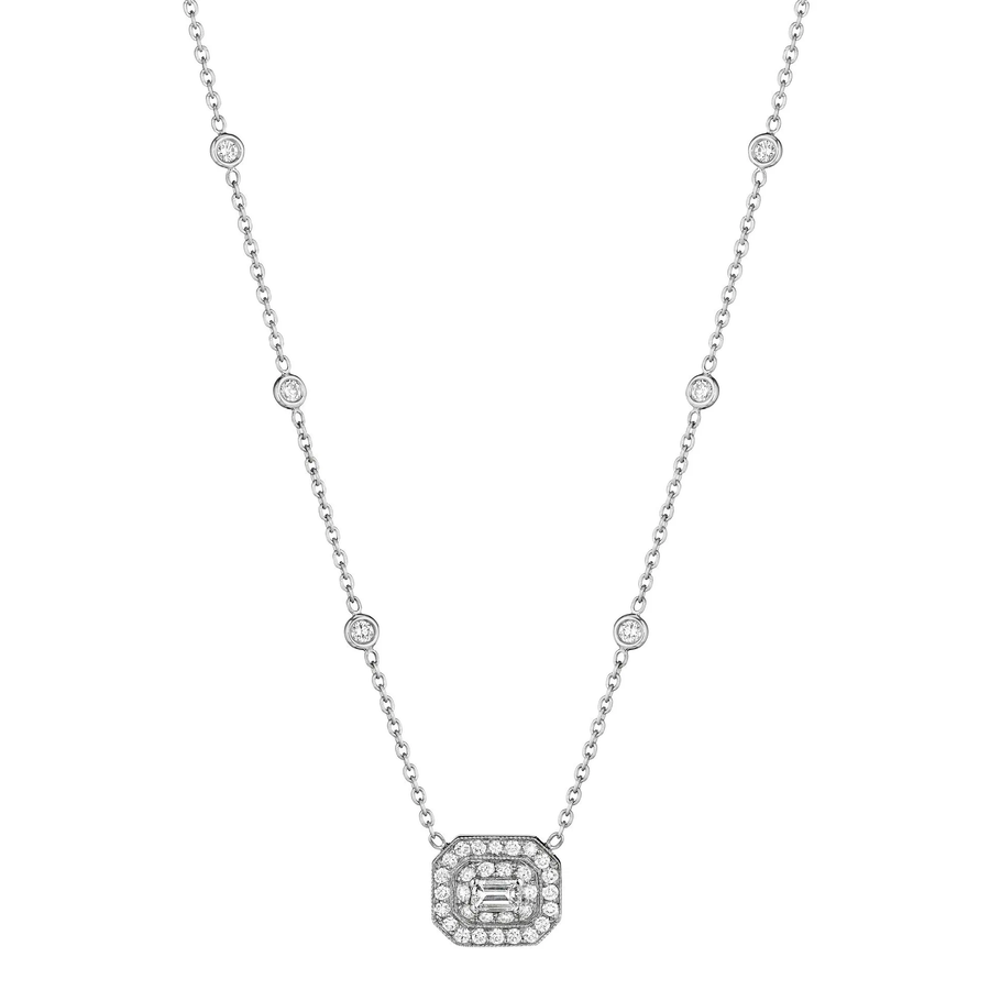 Art Deco 0.95ct Emerald Cut and Round Diamond Eyelet Necklace in 18K White Gold, 18"