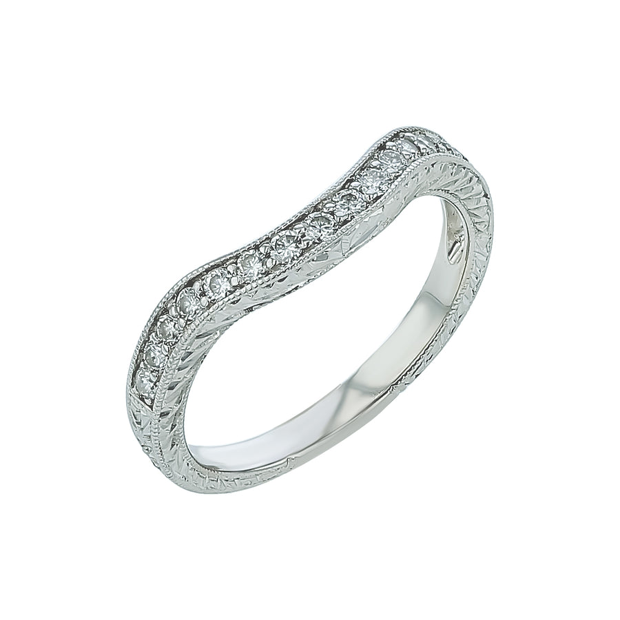 0.15ct Diamond Curved Milgrain Wedding Band in 18K White Gold, size 5.25