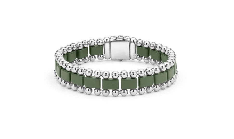 Anthem Caviar Link Bracelet in Sterling Silver and Matte Forest Green Ceramic, 8in