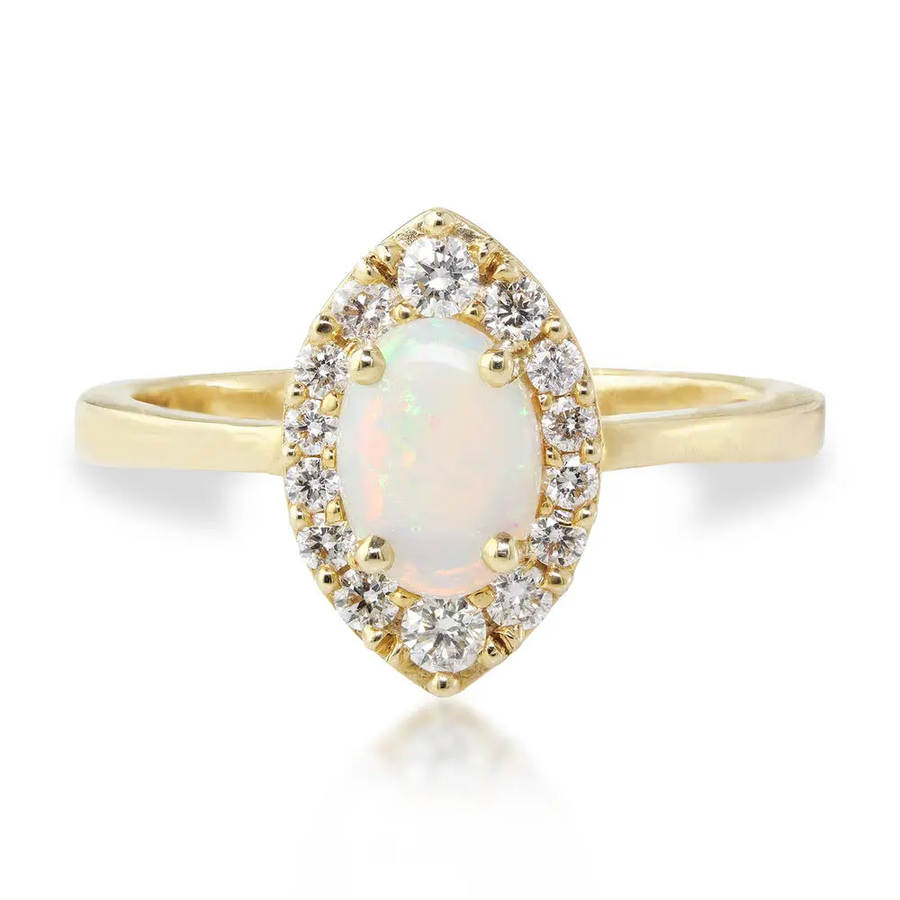0.46ct Australian Opal and 0.25ct Diamond Halo Ring in 14K Yellow Gold, size 6.5