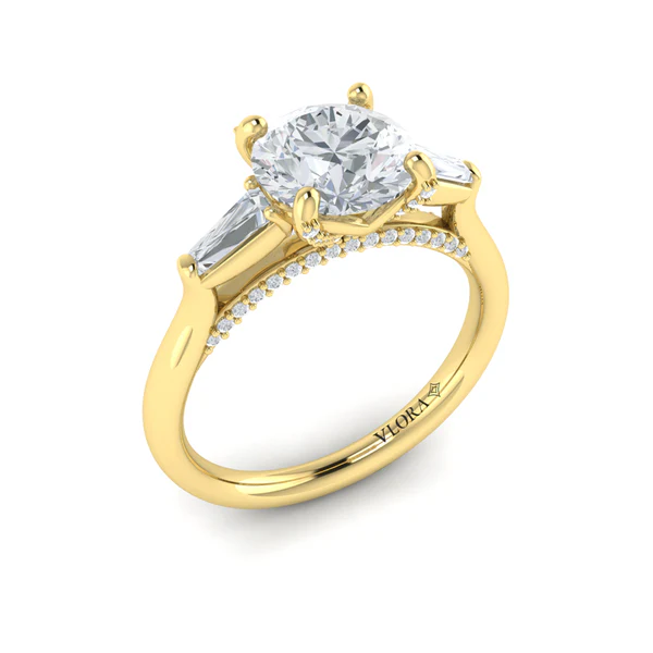 Crescendo 0.37ct Diamond Three Stone Ring Semi Mount in 18K Yellow Gold for 1.50ct Round Center, size 6.5