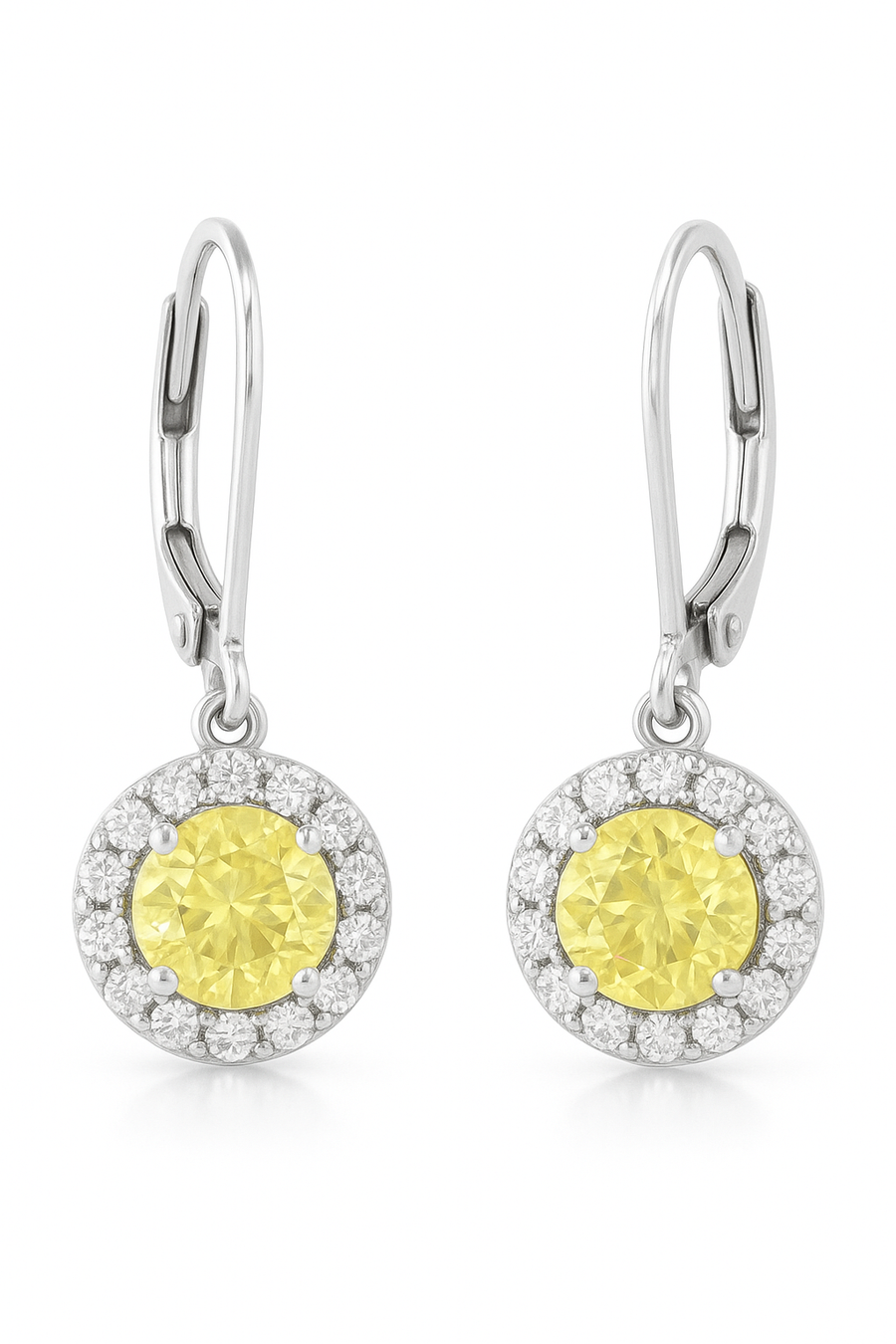 1.77ct Yellow Sapphire and 0.17ct Diamond Halo Drop Earrings in 18K White Gold