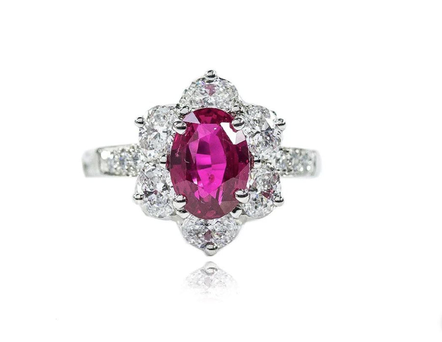 2.53ct Oval Mozambique Ruby and 1.15ct Diamond Halo Ring in Platinum, size 6.5