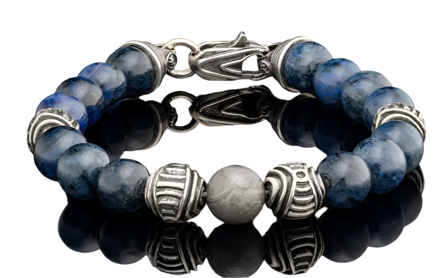 Celestial Beaded Bracelet in Blue Dumortierite, Gibeon Meteorite and Sterling Silver, Large