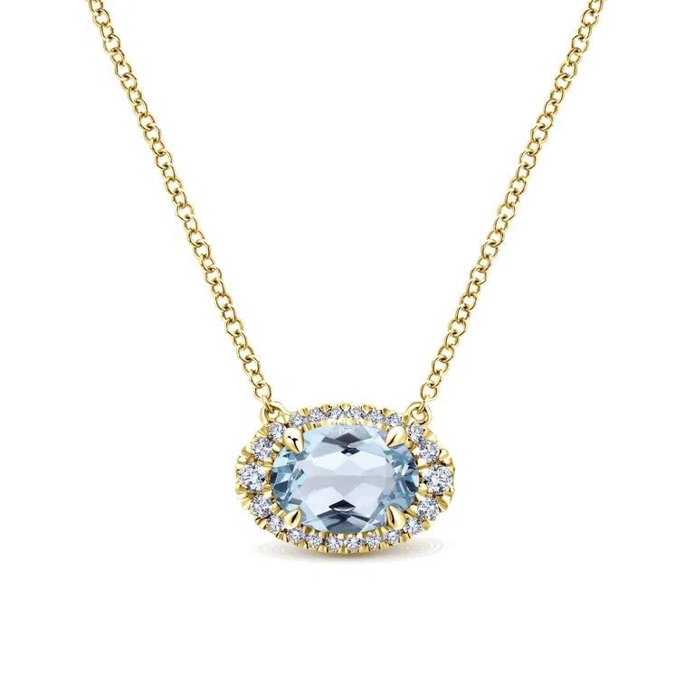 0.74ct Oval Aquamarine (Heated) and 0.16ct Diamond Halo Necklace in 18K Yellow Gold, 16in