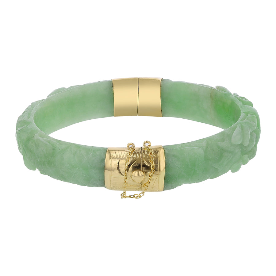 Carved Jadeite 11.8mm Hinged Bangle Bracelet in 14K Yellow Gold