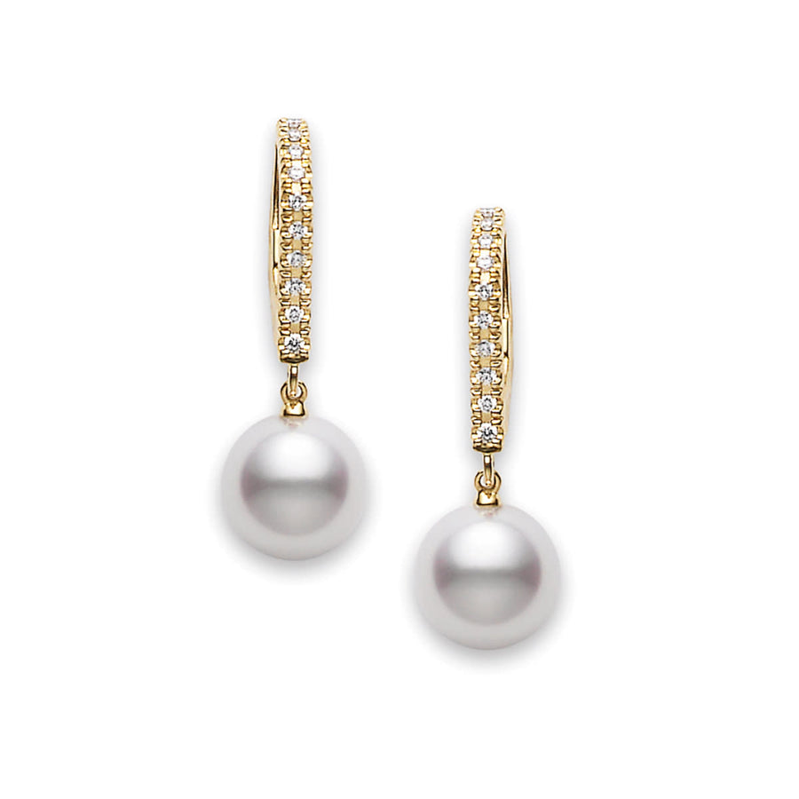 Classic 7.5mm Akoya Pearl and 0.08ct Diamond Earrings in 18K Yellow Gold