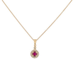 0.57ct Round Mozambique Ruby and 0.17ct Full Cut Diamonds Halo Pendant in 14K Yellow Gold, 18"