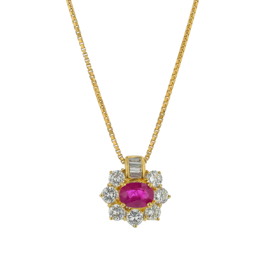 1.13ct Oval Burmese Ruby and 1.11ct Diamond Halo Pendant in 18K Yellow Gold, 15.5" chain