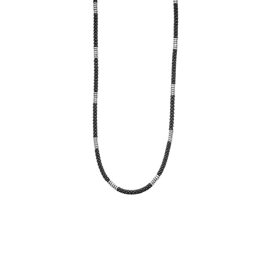 Black Caviar Station Beaded Necklace in Sterling Silver and Ceramic, 18"