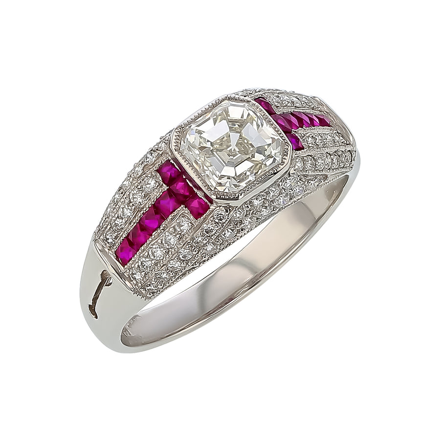 1.03ct Emerald Cut Center Diamond, 0.36ct Diamond and 0.67ct Ruby Ring in Platinum, size 6.5