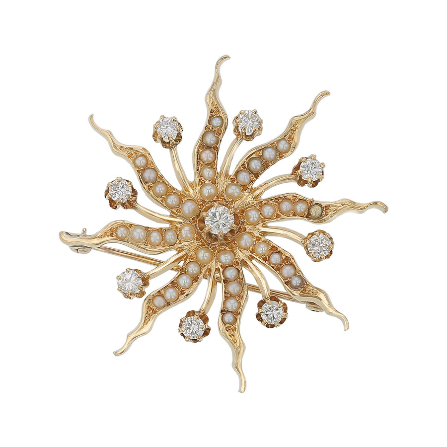 Art Deco 0.61ct Old European Cut Diamond and Seed Pearl 8 Rayed Sunburst Pinor Pendant in 18K Yellow Gold, without chain