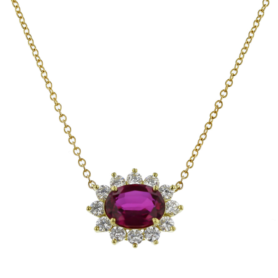 0.75Ct Ruby and 0.39Ct Diamond Halo Necklace in 18K Yellow Gold, 16"