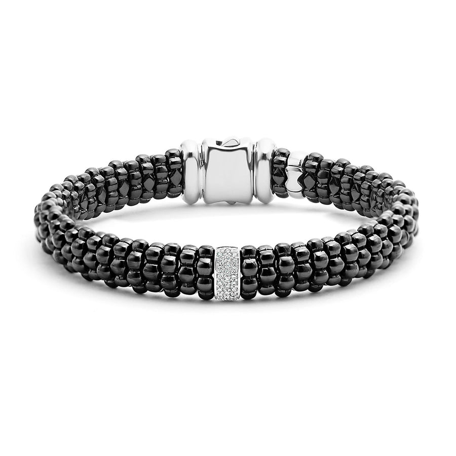Black Caviar 0.13ct Diamond Beaded Station Rope Bracelet in Sterling Silver and Ceramic Size 7